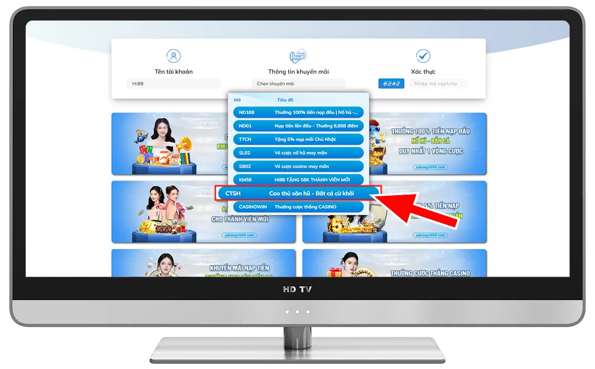 Bước 3: Nhập " Tên tài khoản" → Chọn mã khuyến mãi "CTSH" → Nhập mã xác thực.